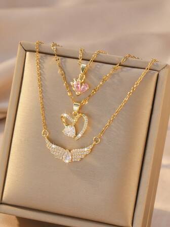 Set de 3 piezas de collar con colgante de corazón rosa pastel + corazón hueco doble + alas de ángel, collar gargantilla de múltiples capas con circonita pavimentada, diseño delicado, versátil para uso diario, citas, ir al trabajo, regalo para novia, regalo del Día de San Valentín