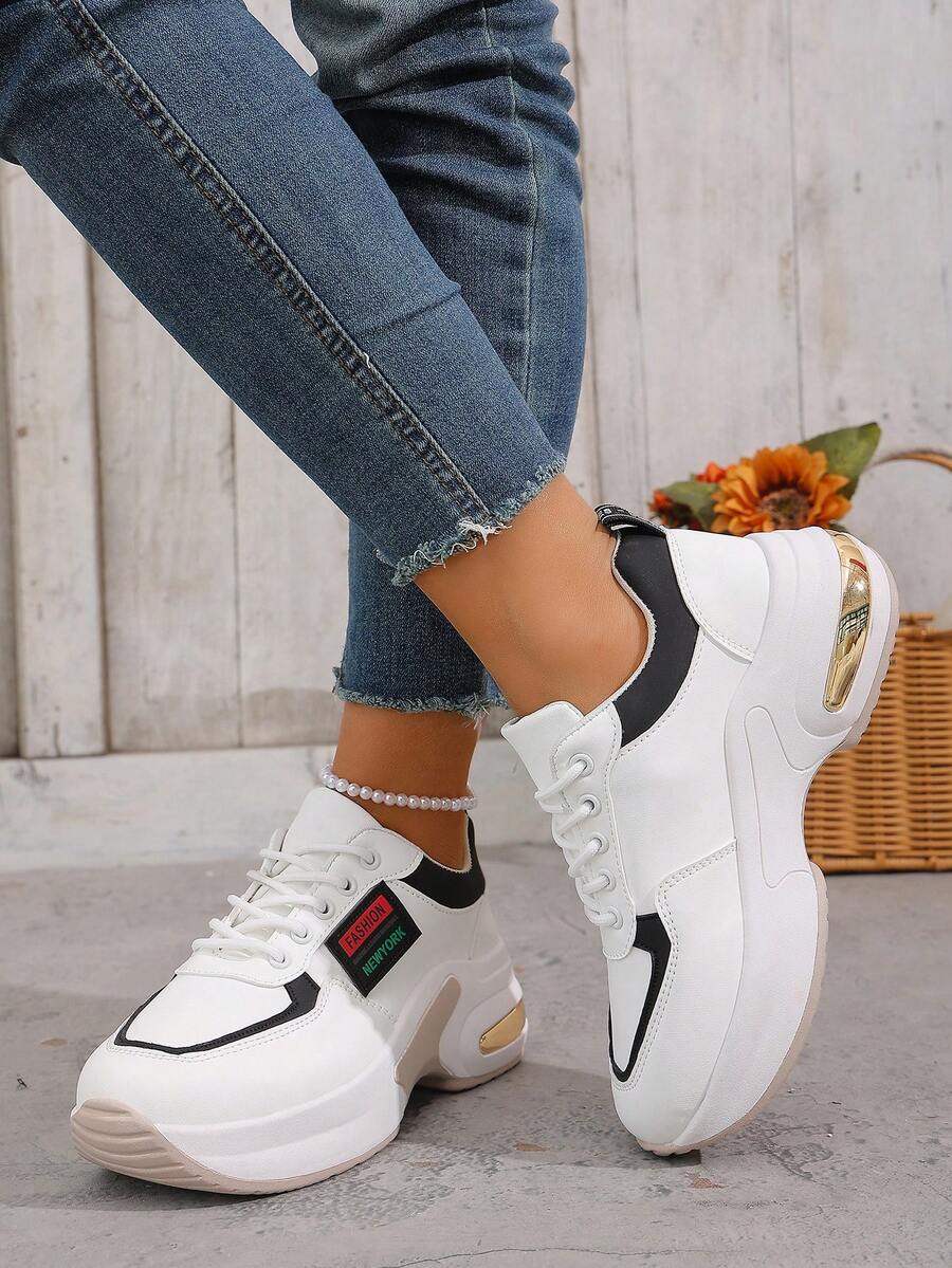 女士撞色套脚休闲运动鞋，轻便透气，系带设计，适合日常通勤、度假及四季穿着。 - 白色 - 查看 1