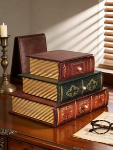 1pc Wooden Storage Box, 3-Tier Book-Shaped Desktop Drawer Storage Box, Retro Painted Wooden Jewelry Box, Photography Prop, Desktop Decor Art Supply - Multicolor - View 10