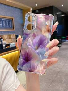 1pc Floral Purple Shockproof Electroplated Camera Protection Phone Case, UV Printed Compatible With IPhone/ Galaxy/Infinix/Redmi/OPPO/VIVO/Realme - Silver - View 5