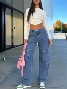 Women's Medium Blue Practical Utility Cargo Jeans - Loose Wide Leg, Multi-Pocket Design, Y2K Style Streetwear Denim Pants - Dark Wash - View 8