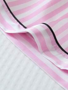 [Elegant Fields]2pcs/Set Plus Size Women's Satin Trim Collared Short Sleeve Top And Striped Bow Shorts, Summer Pajama Set Loungewear, Outfits - Pink - View 7
