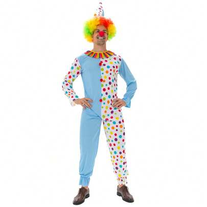 Classic Clown Costume For Adults, Colorful Jumpsuit With Ruffle Collar & Hat, Halloween Party Outfit Includes Only (Hat, Bodysuit).