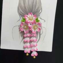 1pcs Vintage Floral Tassel Hair Clip - Elegant Pink & White Flower Design, Soft Polyester & Spandex, Secure Clip For Updos, Buns, Ponytails - Chic Retro Hair Accessory For Women - 粉色 - 查看 11