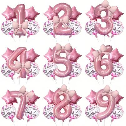 6个/套粉色数字蝴蝶结气球套装，铝箔气球，带有数字和生日图案，适合装饰生日派对、庆典、周年纪念、节日、背景幕布、户外活动。情人节装饰气球。