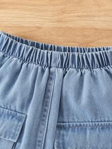 Bộ 2 món cho bé gái, kiểu dáng thường ngày dễ thương, phong cách retro Y2K, áo thun denim rách tay phồng và chân váy denim rách có túi hộp, thích hợp cho mùa xuân/hè. - Rửa nhẹ - Xem 7