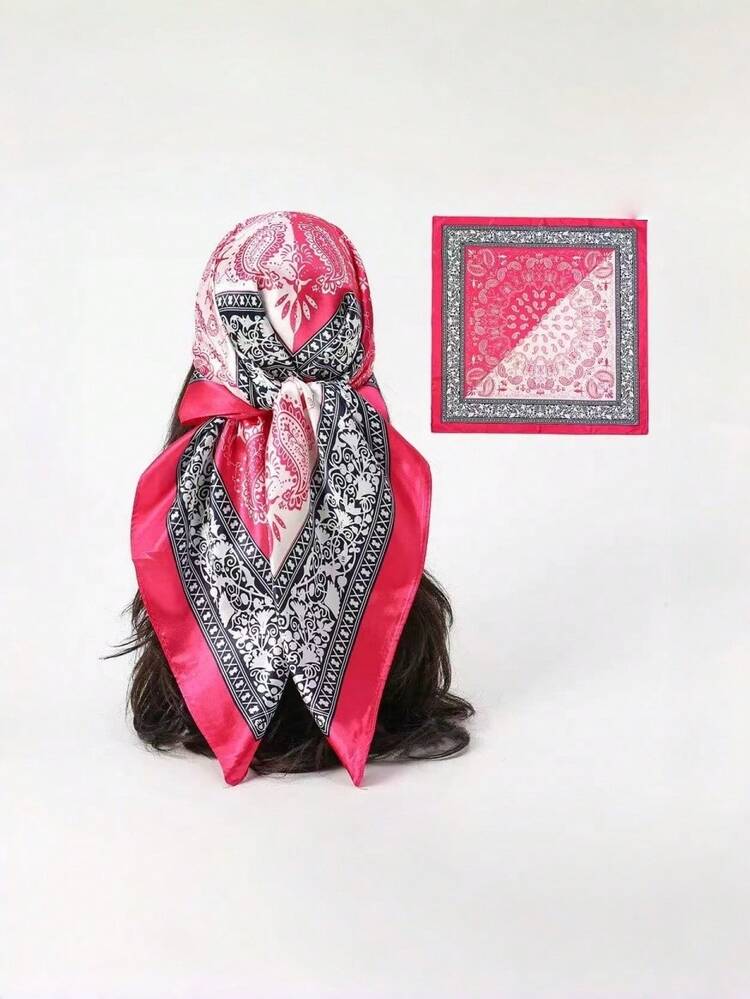 [90cmx90cm Satin Scarves]Large Satin Scarf 90cm X 90cm Satin Head Bandana - Màu Hồng Tươi - Xem 4