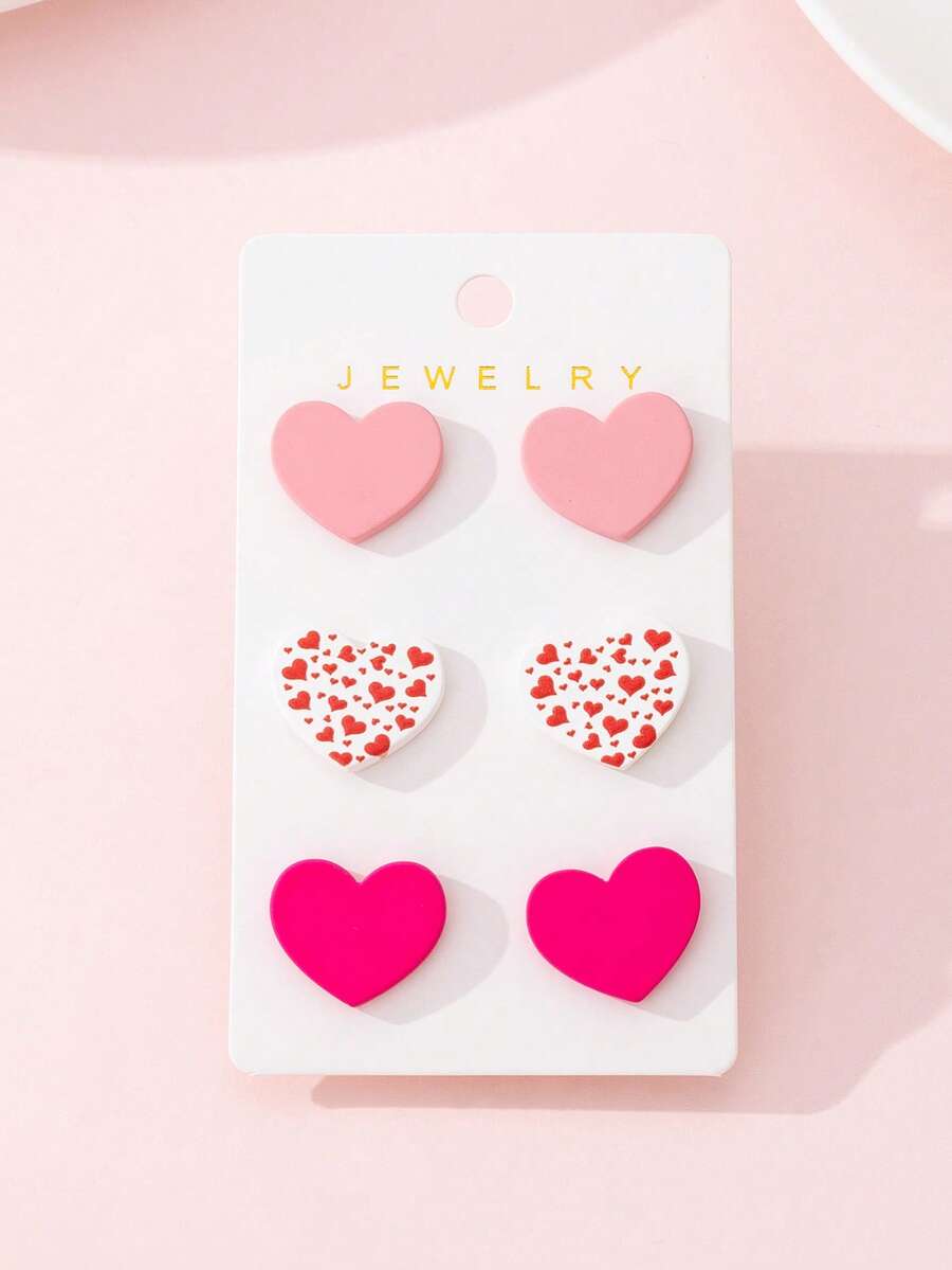 3对/套浪漫心形珐琅仿软陶设计时尚耳钉套装，女士款，情人节和约会的完美礼物 - 彩色 - 查看 1