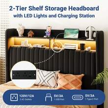 Allewie Full/Queen/King Size Lift Up Hydraulic Storage Bed Frame, 2-Tier Shelf Headboard With LED Lights And Charging Station, USB And Type C Ports, Wingback Velvet Headboard, No Box Spring Needed, Black - 黑色 - 查看 3