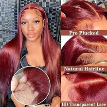 200% Density Straight Lace Front Wig, Human Hair Blend, 13x4 Transparent Lace, Glueless Wig For Women, Brazilian Virgin Hair, Pre-Plucked Hairline With Baby Hair, Color: Black, Length: 24 Inches, #99J Wine Red - SBUG/99J - View 5