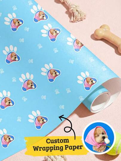 1pc Personalized Pet Photo Gift Wrapping Paper Custom Pet Face Wrapping Paper With Paw Print Pattern Custom Dog Or Cat Photo Gift Wrap Paper For Pet Lovers Dog Mom Cat Mom Family Friends Unique Personalized Gift Packaging Paper 3 Color Options Blue Pink