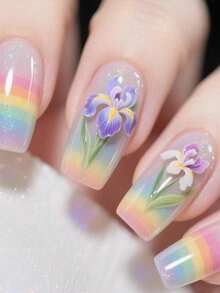 24 piezas Uñas postizas acrílicas de estilo francés con brillo, en color rosa claro, con diseños de rayas geométricas, flores, dibujos animados y arcoíris, en un estilo dulce, lindo, minimalista y elegante, adecuado para uso diario, fiestas, citas con amigos, etc. - Multicolor - Ver 7