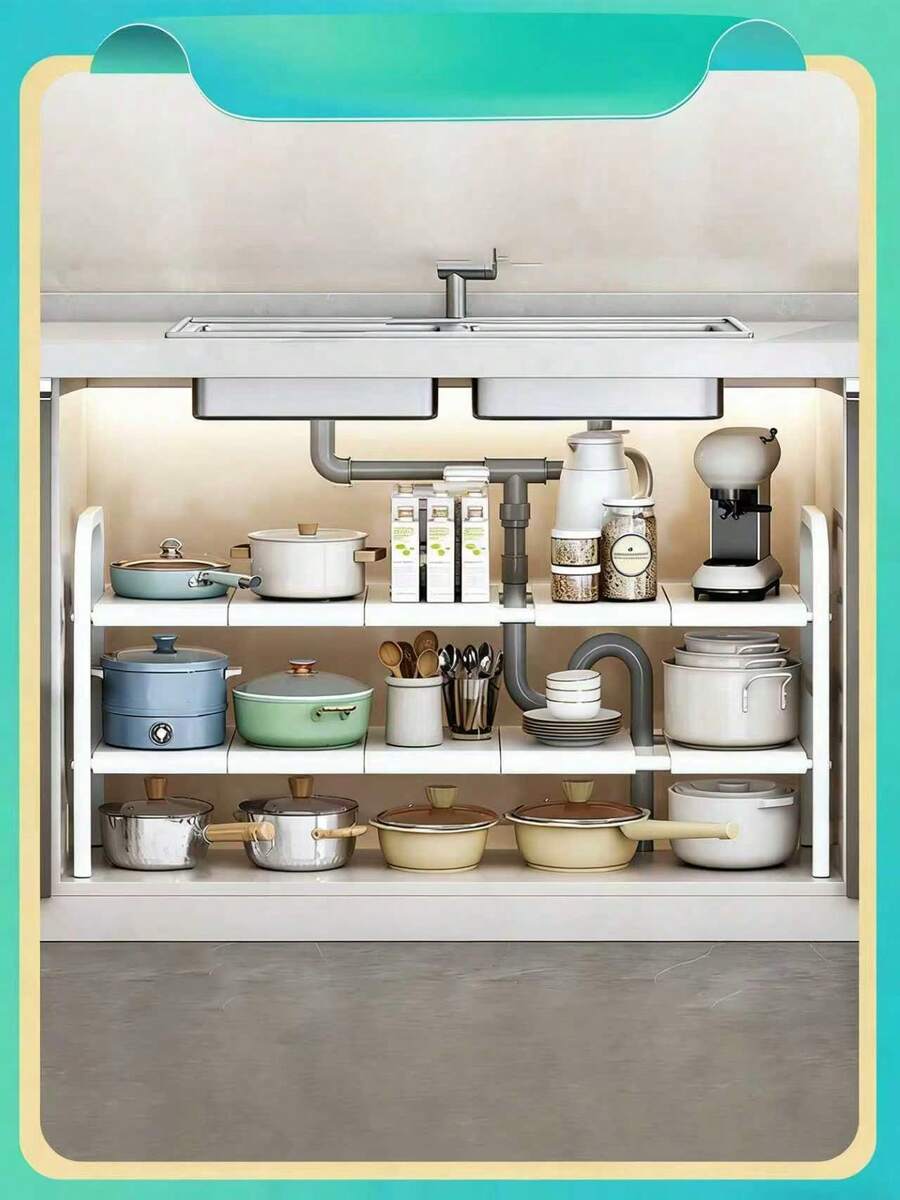 Under Sink Organizer, Adjustable 2-Tier Kitchen Cabinet Shelf, Heavy Duty Pull Out Storage Rack For Pots Pans & Cleaning Supplies - trắng - Xem 1