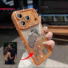 Personalized Photo Custom Engraved Phone Case Compatible With IPhone 17 16 15 14 13 Pro Max And Air Series Rhinestone Gradient Glitter Design Camera Lens Protection Shockproof And Scratch-Resistant Perfect Gift For Holidays Birthdays - Orange - View 1