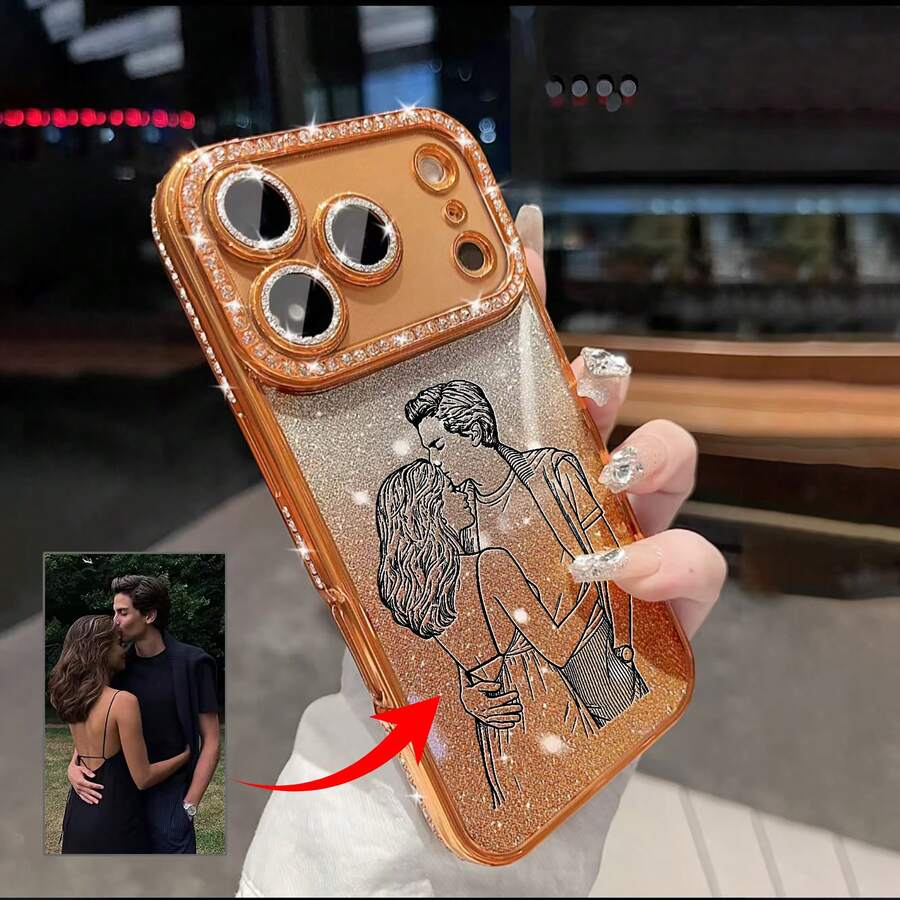 Personalized Photo Custom Engraved Phone Case Compatible With IPhone 17 16 15 14 13 Pro Max And Air Series Rhinestone Gradient Glitter Design Camera Lens Protection Shockproof And Scratch-Resistant Perfect Gift For Holidays Birthdays - Orange - View 1