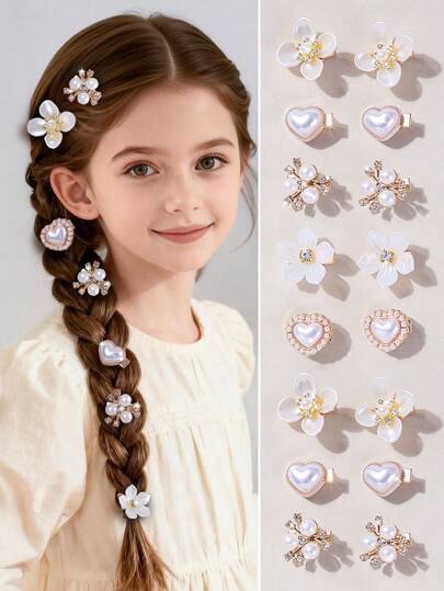 10pcs/Set Teen Girls' Faux Pearl Heart/Flower/5-Petal Flower Gold Hair Clips, Cute & Sweet Rhinestone Decorated Hair Accessories, Random Color, For Daily Use