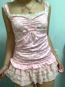 Women's Y2K Polka Dot Tank Tops Fairy Grunge Lace Trim Bow Camisole Cute Ruched Lace Ruffled Hem Cami Tops Sleeveless Slim Fit Coquette Crop Tops For Teen Girls Vintage Shirts Summer Aesthetic Tops - 粉紅色 - 查看 2