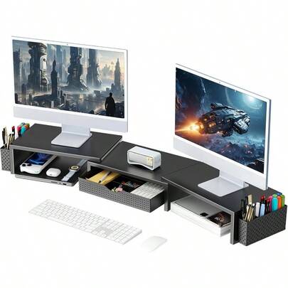 Dual Monitor Stand Riser, Desk Organizer With Drawer And 2 Pen Holders, Computer Monitor Stand, Shelf For Top Of Desk, Black