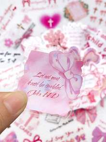 50pcs Pink Bow Sticker Bible Phrases PET Transparent Decals For Water Bottle Laptop Luggage Computer Scrapbook Journal Phone Stickers - Multicolor - View 6