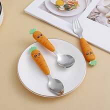 1 Set 304 Stainless Steel Cutlery, Fork And Spoon, Creative Cartoon Carrot Design Tableware - Multicolor - View 9