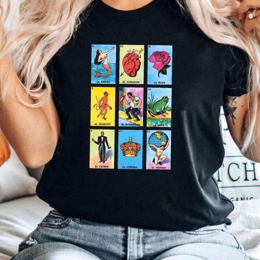 Pure Cotton Loteria Short-Sleeve Unisex T-Shirt Streetwear Stretched Print Round Neck Short Sleeve Summer Designer - 黑色 - 查看 1
