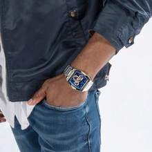 GUESS Men's Phoenix Luxury Sliver Tone Rectangular Watch With Sliver Steel Strap Waterproof Business Casual Wristwatch Men Gifts GW0456G5 - Blue - View 4