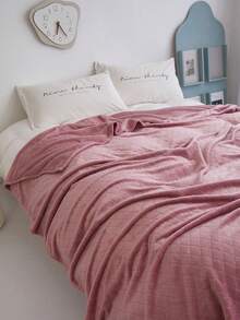 1入組單層加厚法蘭絨切花格紋素色全部季節毯子床單 - 粉色 - 查看 5