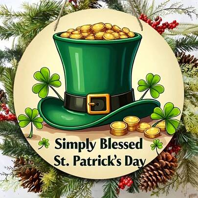 1 pieza, decoración del hogar ¡Feliz Día de San Patricio! Una placa decorativa para la puerta, que incluye un sombrero, un trébol de madera redondo y un colgante de puerta con forma de moneda, para decorar el porche exterior, junto con una corona de corazón de madera para decorar la pared interior, tamaño 7.87*7.87 pulgadas. Logotipo exquisito del hogar