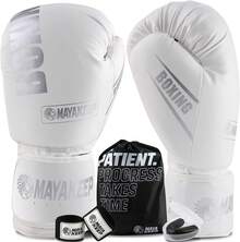 Guantes de Boxeo Profesionales 8-18 oz para Hombres y Mujeres - Incluye Protector Bucal MMA + Vendas + Bolsa de Almacenaje - Ideal para Entrenamiento, Muay Thai y Sparring Ajustable - Blanco - Ver 9