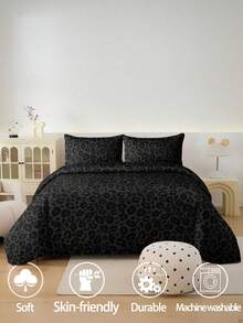 2/3pcs Black Leopard Print Bedding Set, Soft Microfiber Breathable Bedding, Wrinkle-Resistant, Luxury Hotel Style, Gift For Parents & Friends, Includes Duvet Cover*1, Pillowcase*1/2, Available In Super King, King, Queen, Twin, Dorm Sizes, Cute Girly Style - Black - View 6