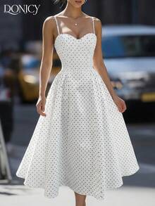 DONICY Đầm nữ mùa xuân/hè mới màu trắng chấm bi cổ hình trái tim xếp nếp hở lưng - Thời trang, thanh lịch và đa năng, phù hợp cho các buổi đi chơi, hẹn hò ngày Valentine, tiệc hóa trang, tiệc tối trang trọng và các dịp thường nhật. - trắng - Xem 6