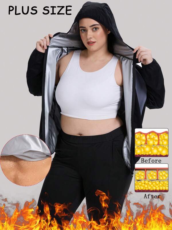 1Set Plus Size Sauna Suit For Women Sweat Jackets Pocket Hooded Slimming Zipper Sportswear Fitness Gym Exercise