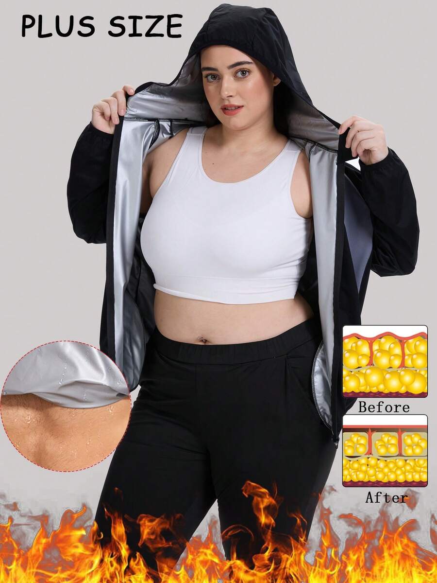 1 Bộ đồ xông hơi cỡ lớn cho nữ Áo khoác nỉ có mũ trùm đầu, khóa kéo, đồ thể thao tập gym - màu đen - Xem 1