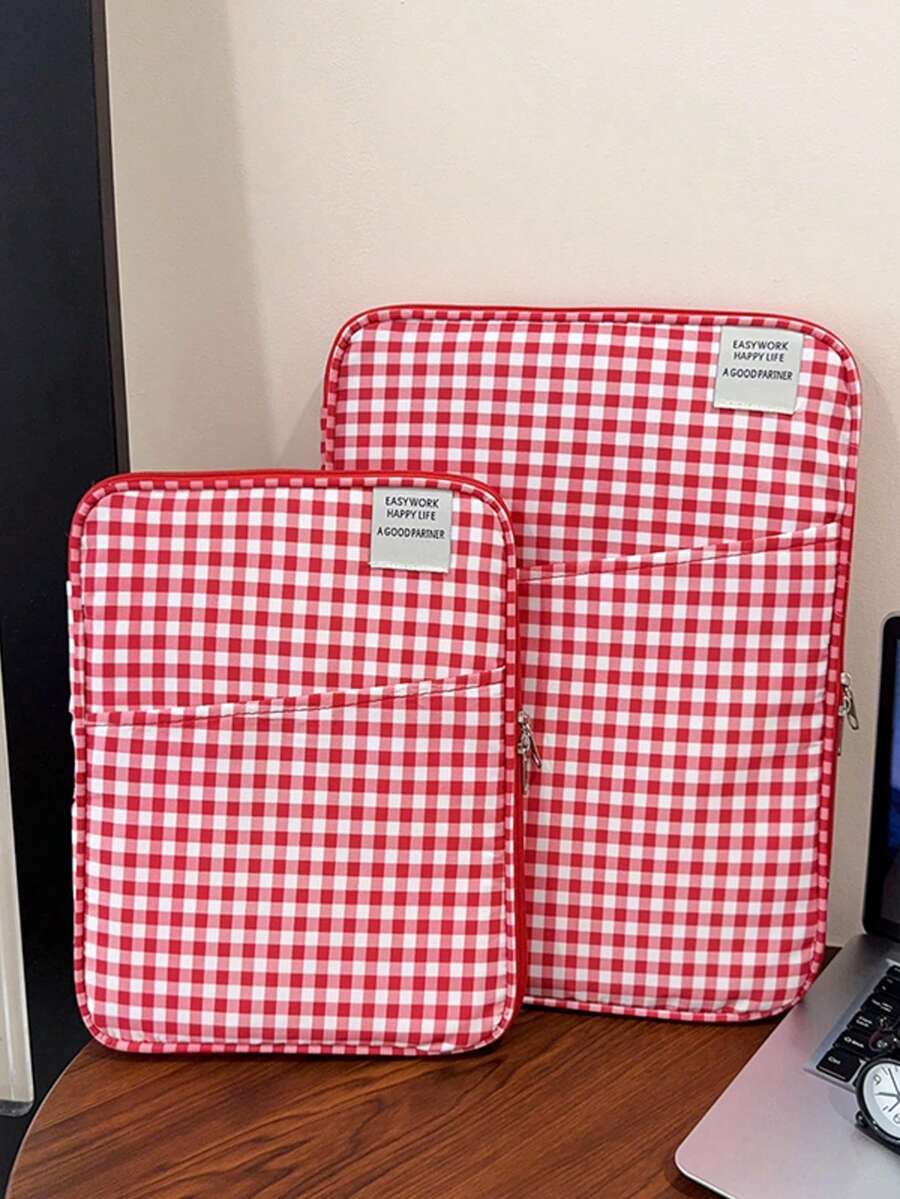 11"/13" Minimalist Plaid Zipper Laptop/Tablet Sleeve, Women's Work & Study Dual-Use. Fuzzy Plaid Bag, Checkered Pattern, Laptop Bag, Laptop Case, Laptop Sleeve, Computer Bag, Minimalist Plaid Classroom Laptop Bag, Classroom Bag, Teacher's Organizer Bag, Classroom Organizer - Multicolor - View 1