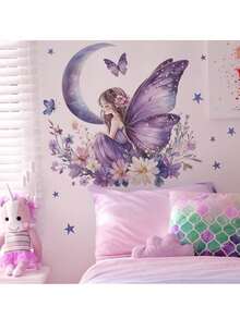 1pc Moon & Butterfly Girl Wall Sticker, Teenage Style Children's Room Decor, Bedroom Home Background Beautification