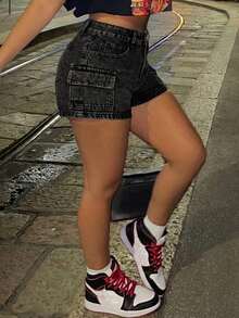 Women's Washed Black Denim Mini Shorts Straight Leg Design With Front Zipper And Convenient Side Pockets Casual Style - Black - View 1