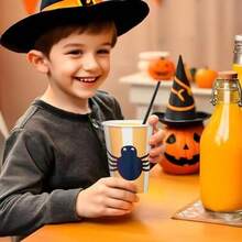 Vasos desechables para fiesta de Halloween, paquete de 50 unidades, resistentes a fugas, tazas calientes y frías de 12 onzas para restaurantes y fiestas, murciélagos, negro y plateado - Araña, rayas blancas naranjas - Ver 2