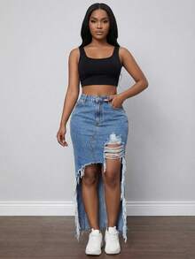 Women's High Waisted Asymmetrical Distressed Denim Skirt - Ripped High Low Frayed Hem Jean Skirt Streetwear Aesthetic - Rửa trung bình - Xem 4