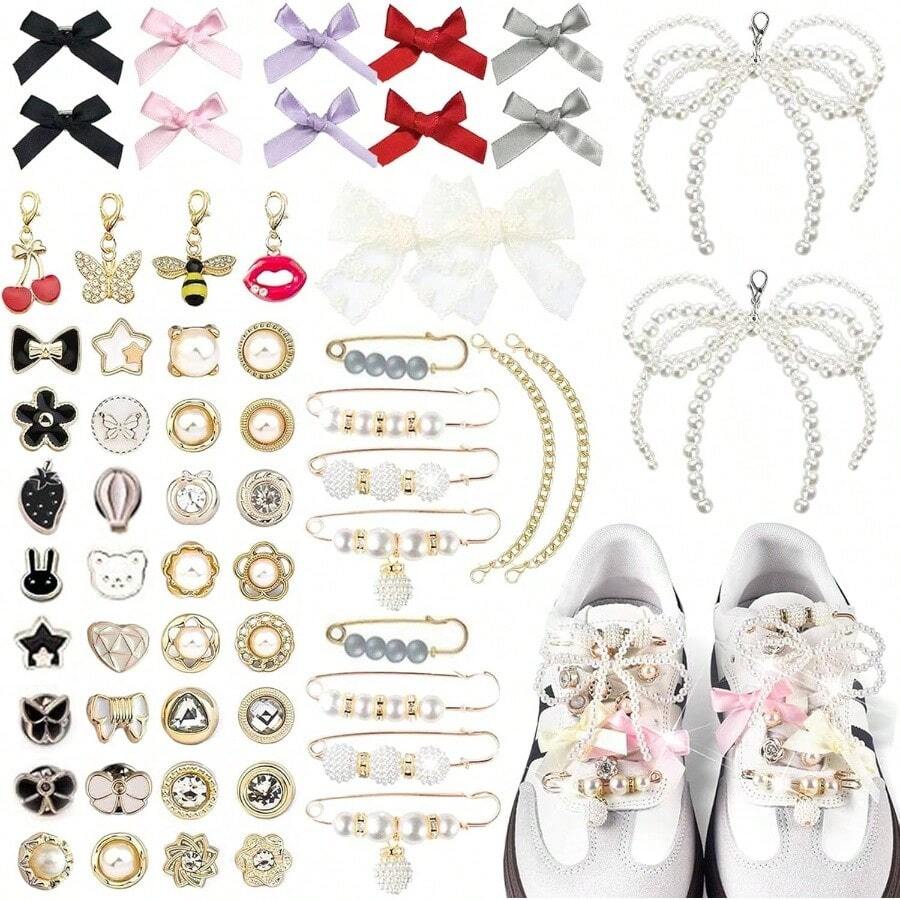 60PCS Shoe Charms Sneakers, Bling Sneaker Charms With Pearl Brooches And Safety Pins Buttons Lobster Clasp Pendant Shoelace Sock Clothes Bag Hat Decor Accessories Women - 1套 - 查看 1