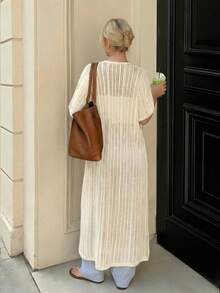 Spring And Summer New Arrivals 2026, Vacation Casual Style, Women's Knitted Short-Sleeve Cardigan With Hollow-Out Drawstring Details - Apricot - View 2