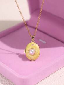 复古浪漫优雅油滴心形蜜蜂珍珠花朵吊坠项链，金色可打开照片吊坠项链，周年纪念生日礼物 - 彩色 - 查看 19