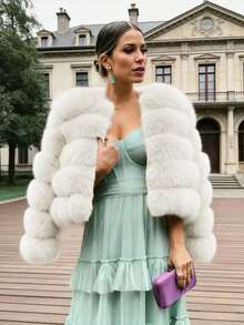 Women's Elegant Slim-Fit Lightweight Faux Fox Fur Jacket, Short Sleeve Luxury Faux Fur Coat, New European And American Hot Selling, Winter - White - View 11