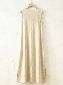 女士宽松飘逸长款连衣裙 - 简约无袖V领米色夏季连衣裙，适合海滩、派对和日常穿着 - 米色 - 查看 6