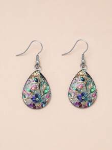 1 Pair Colorful Floral Pattern With 316 Stainless Steel Teardrop Earrings, Vintage Minimalist Style Suitable For Women's Daily Wear And Gifts, Elegant Minimalist Jewelry Earrings Suitable For Women's Daily And Holiday Wear - Silver - View 3