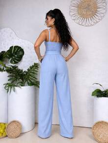 Women's Long Jumpsuit, Premium Viscose Linen, Summer Fashion, Simple, Buttons At The Front, Pocket, Button - 淺藍色 - 查看 2