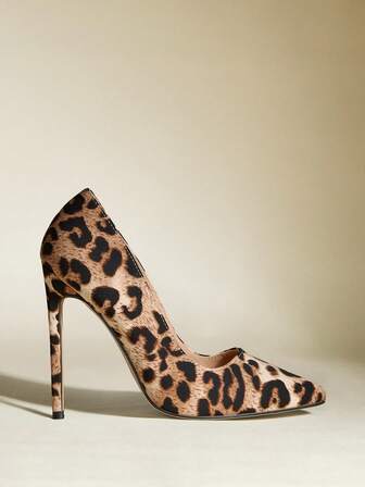 Tacones altos versátiles y elegantes de punta fina con estampado de leopardo en color albaricoque, ideales para fiestas y uso casual, para mujer