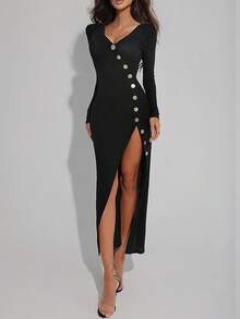 Elegant Women's Long Sleeve Bodycon Dress, V-Neck, High Slit, Button Design - Black - View 1