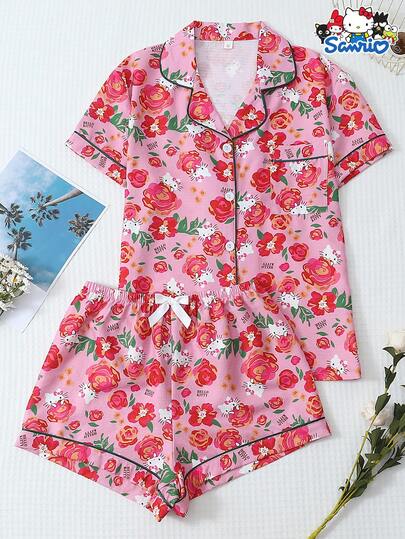  Sanrio Women's Pajama Set, Hello Kitty Floral Print Short Sleeve Pocket Top And Bow Shorts Casual Loungewear Set