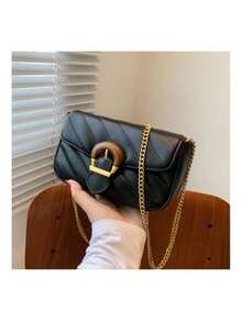 Bolso De Mujer Elegante Y Versátil, Bolso Bandolera Con Cadena #08033 - Negro - Ver 1