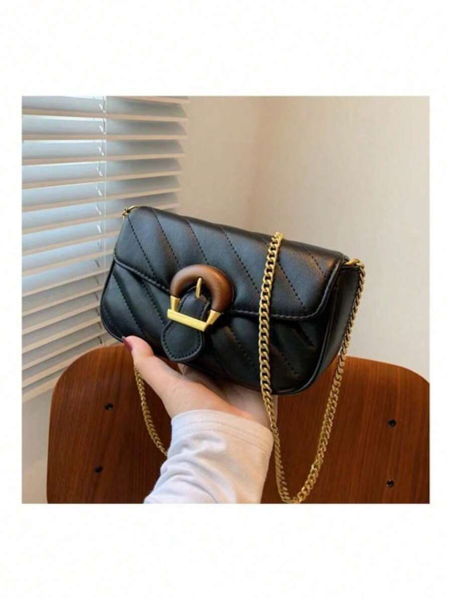 Bolso De Mujer Elegante Y Versátil, Bolso Bandolera Con Cadena #08033 - Negro - Ver 1